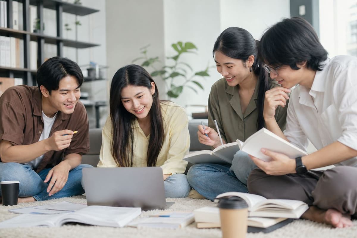 Young adults studying together with books and a laptop