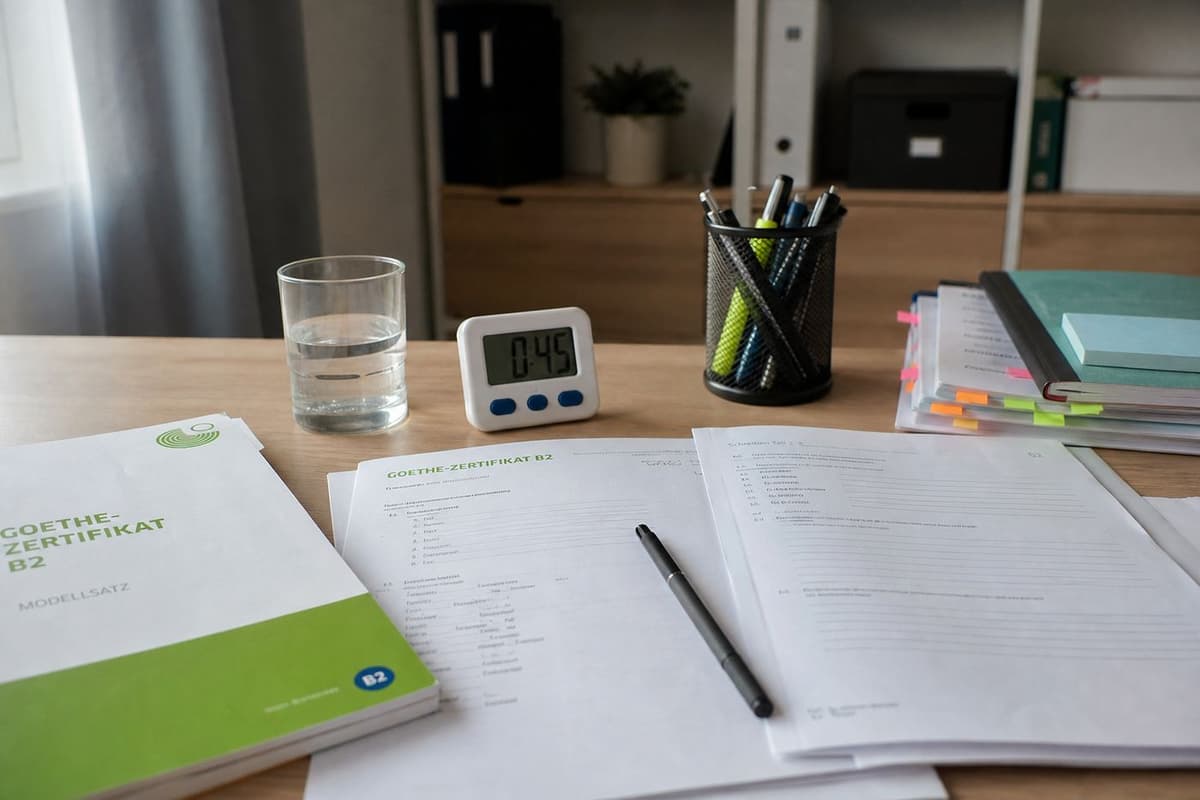 Exam room and materials for the Goethe B1 certificate