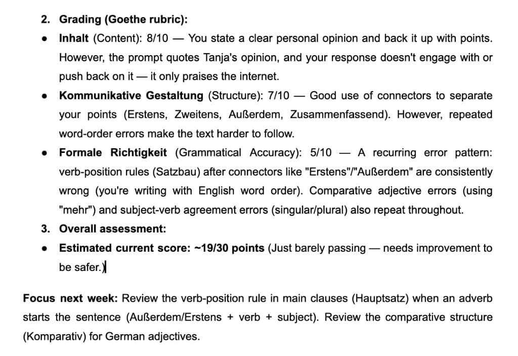 Goethe B1 rubric grading for the Teil 2 writing sample