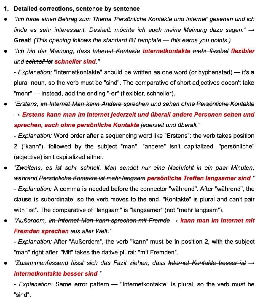 Sentence-by-sentence teacher corrections for the Teil 2 writing sample