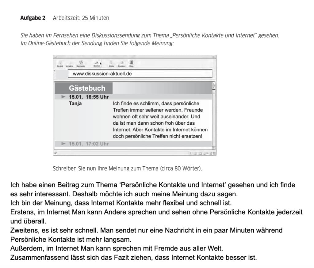 Teil 2 exam prompt Persönliche Kontakte und Internet and the student’s original essay before teacher corrections